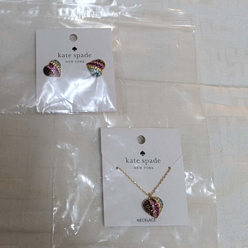 Kate Spade Rainbow Heart Pendant Necklace and Matching Earrings